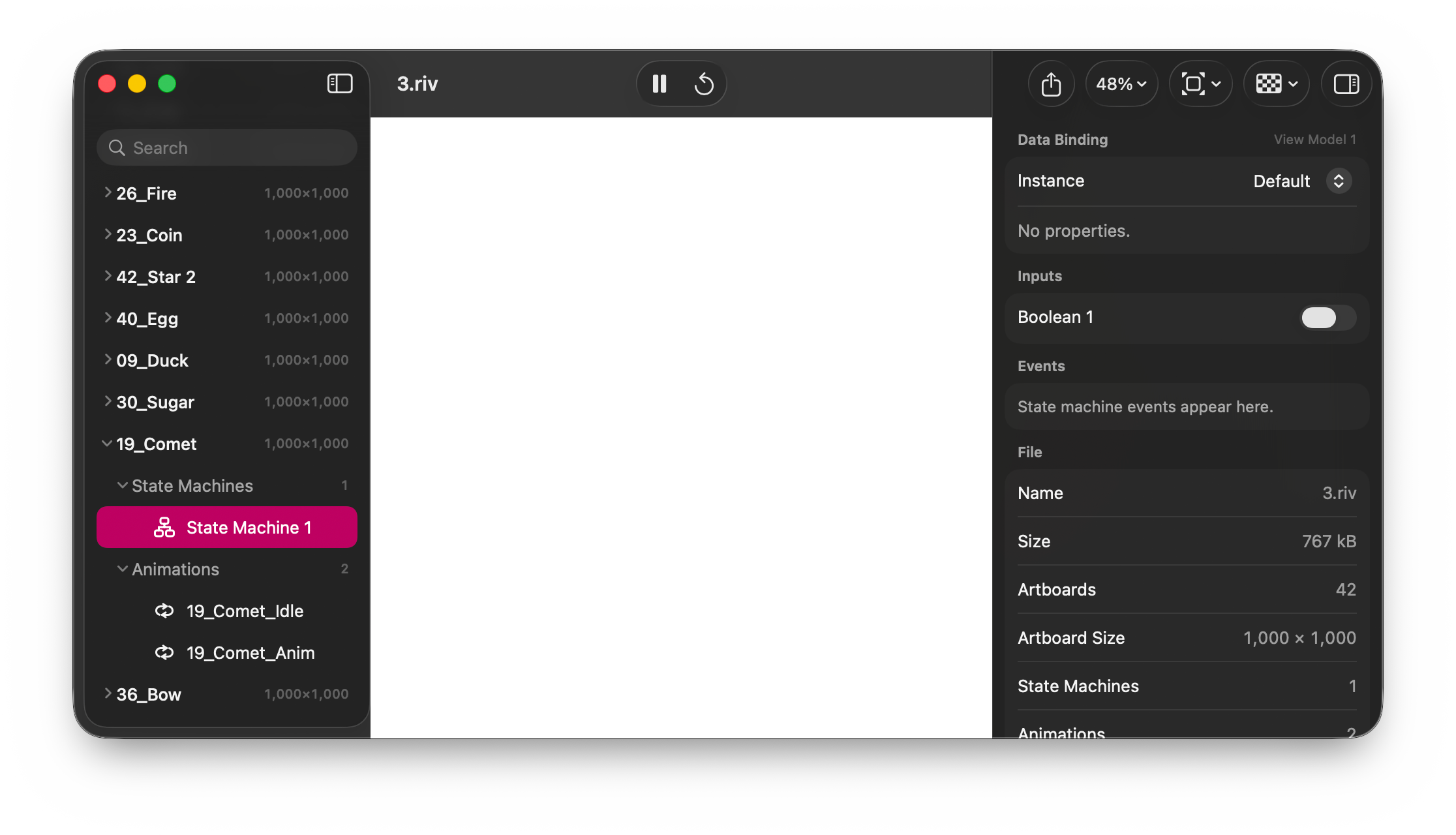 Riview on macOS: a .riv file open with its artboards and state machines listed in the sidebar, the animation playing on the canvas, and the data binding inspector showing live inputs.