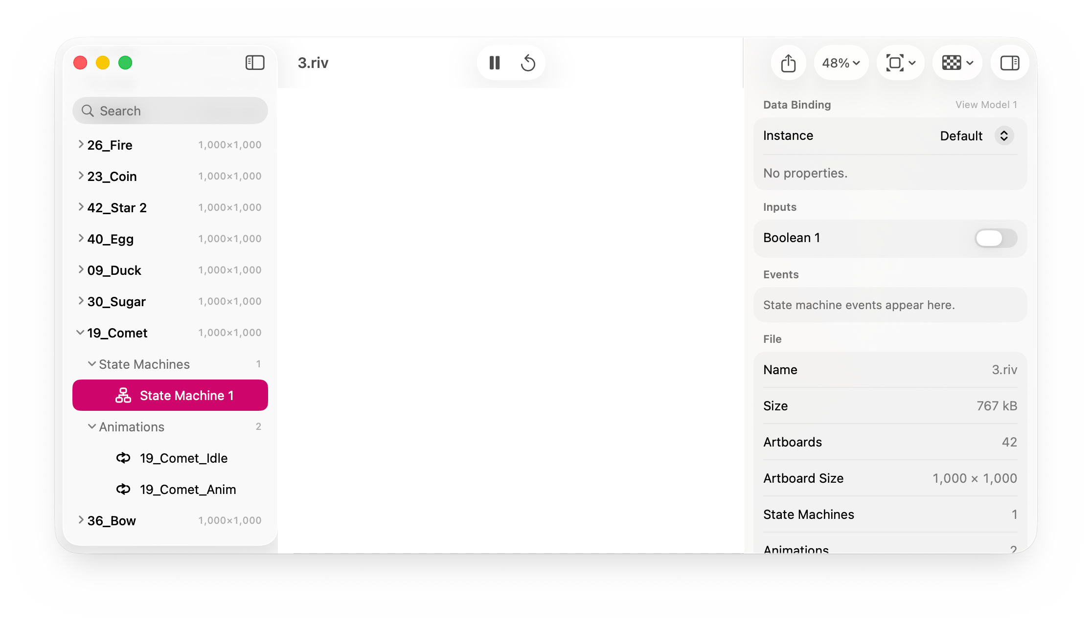 Riview on macOS: a .riv file open with its artboards and state machines listed in the sidebar, the animation playing on the canvas, and the data binding inspector showing live inputs.